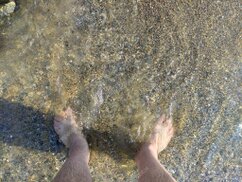 朝日に照らされた海辺の遊歩道を散策する入居者